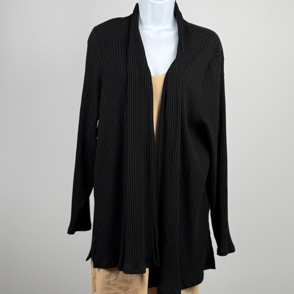 Eileen Fisher L Open Front Ribbed Tencel Wyocell Cardigan Sweater Black